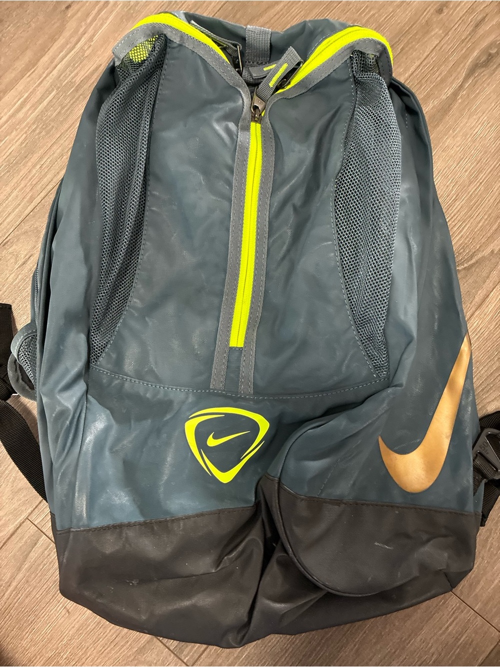 Nike Slate Gray Backpack with Neon Yellow and Gold Accents